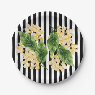 Yellow flowers on black and white stripes paper plates