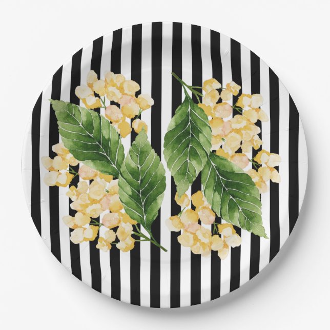 Yellow flowers on black and white stripes paper plates (Front)