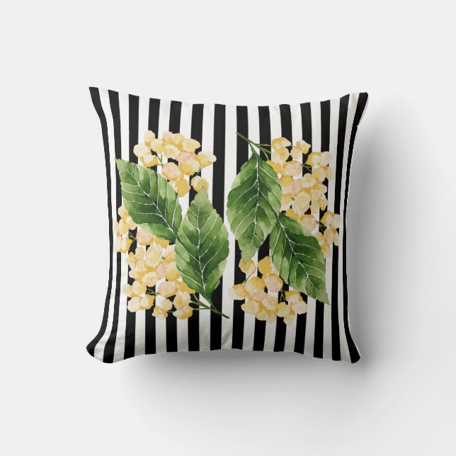 Yellow flowers on black and white stripes throw pillow (Front)