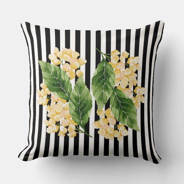Yellow flowers on black and white stripes throw pillow (Front)