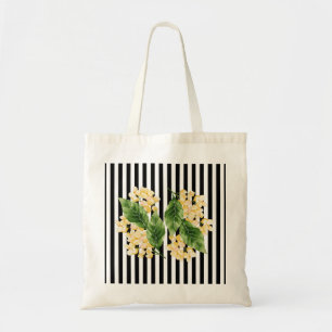 Yellow flowers on black and white stripes tote bag