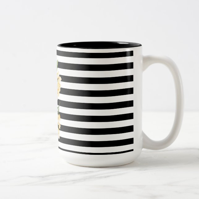 Yellow flowers on black and white stripes Two-Tone coffee mug (Right)