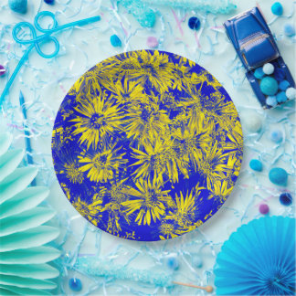 Yellow Flowers On Blue Paper Plates