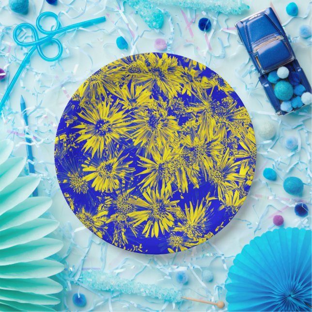 Yellow Flowers On Blue Paper Plates (Party)