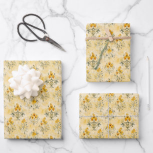 Yellow Flowers on Distressed Yellow Wrapping Paper Sheets