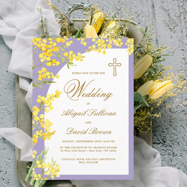 Yellow Flowers on Lavender Religious Wedding Invitation (Creator Uploaded)