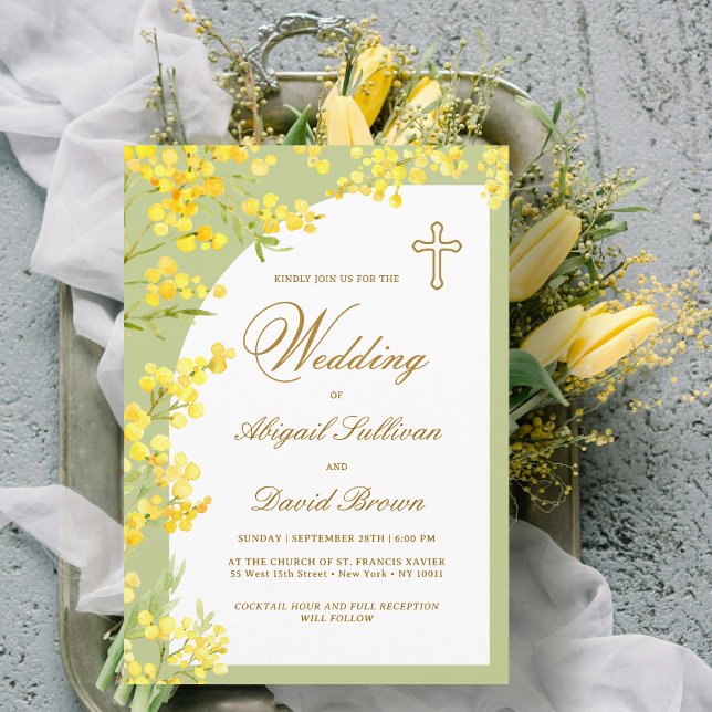 Yellow Flowers on Lime Green Religious Wedding Invitation (Creator Uploaded)