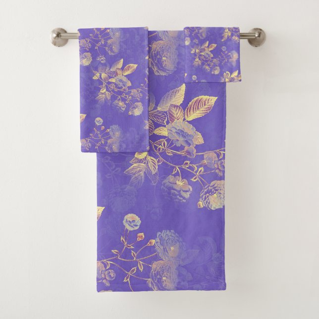 Yellow Flowers On Purple Background Bath Towel Set (Insitu)