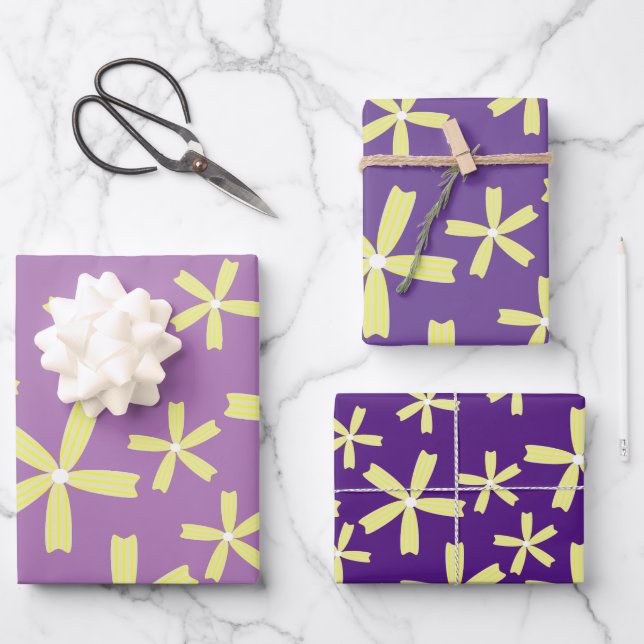 Yellow Flowers on Purple Pattern Wrapping Paper Sheets (Front)