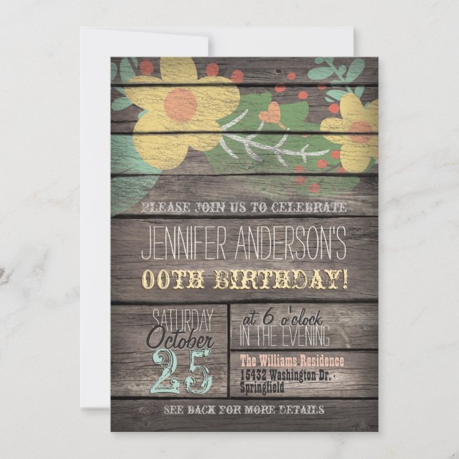 Yellow Flowers on Rustic Adult Teen Birthday Invitation (Front)