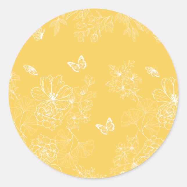 Yellow Flowers Pattern, Floral, Minimalist Classic Round Sticker (Front)