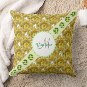 Yellow Flowers Pattern, Green Gemstones & Pearls Throw Pillow