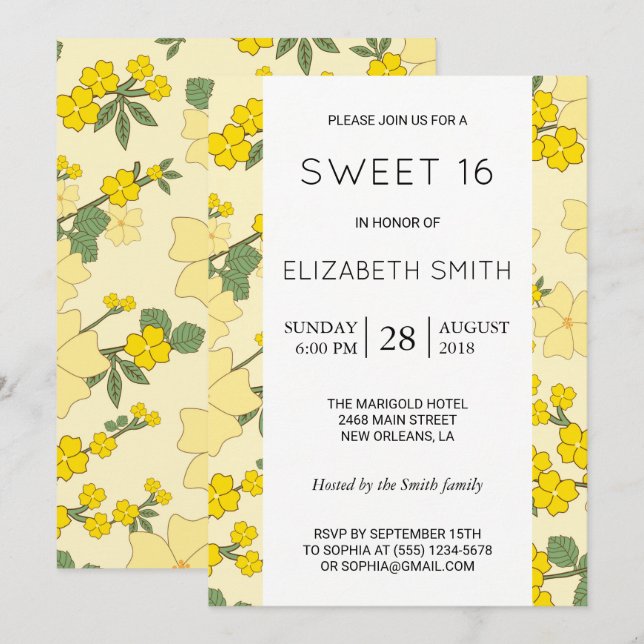 Yellow Flowers, Pattern Of Flowers, Sweet 16 Invitation (Front/Back)