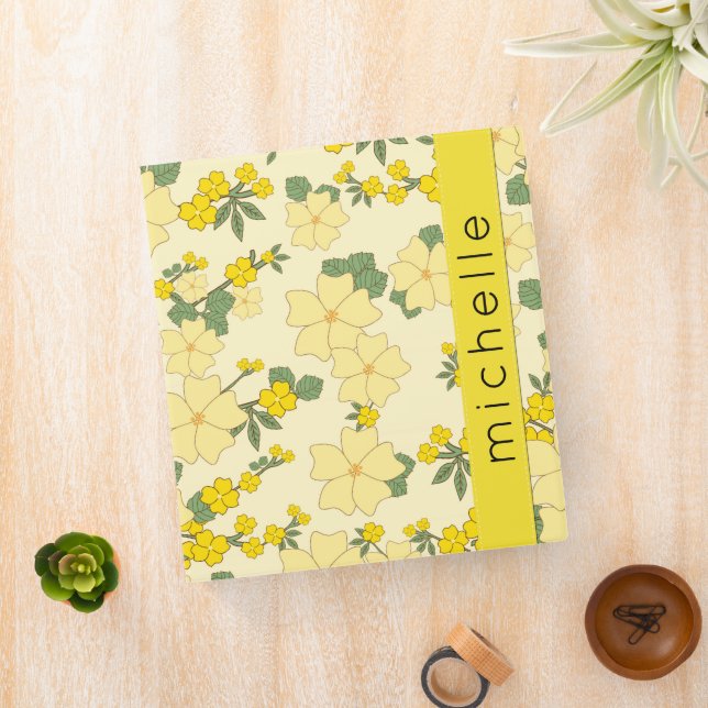 Yellow Flowers, Pattern Of Flowers, Your Name 3 Ring Binder (In Situ)