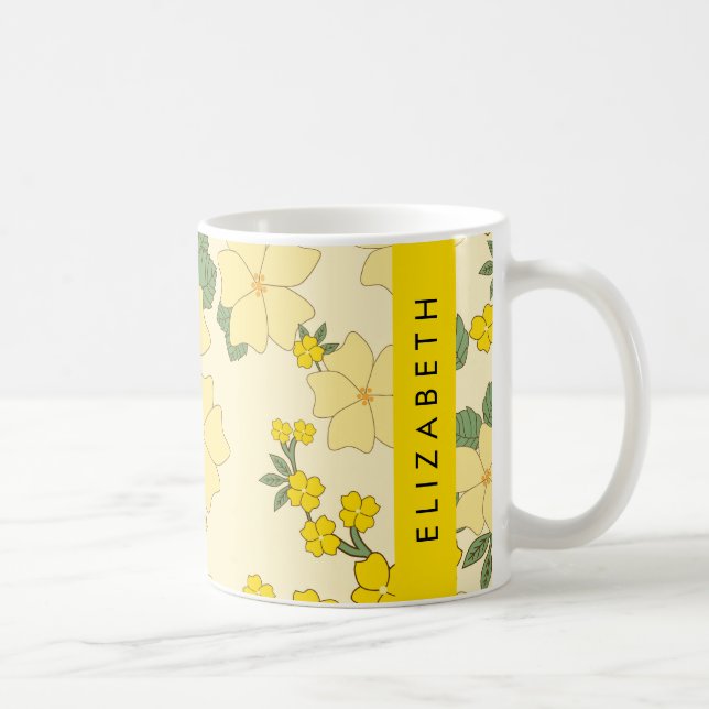 Yellow Flowers, Pattern Of Flowers, Your Name Coffee Mug (Right)
