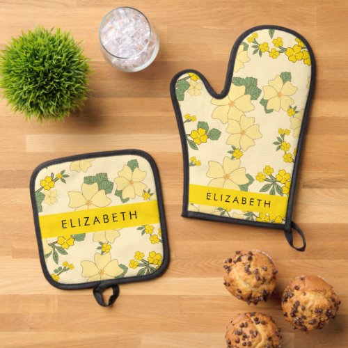 Yellow Flowers Pattern Of Flowers Your Name Oven Mitt  Pot Holder Set