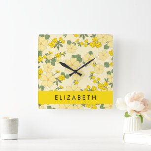 Yellow Flowers, Pattern Of Flowers, Your Name Square Wall Clock