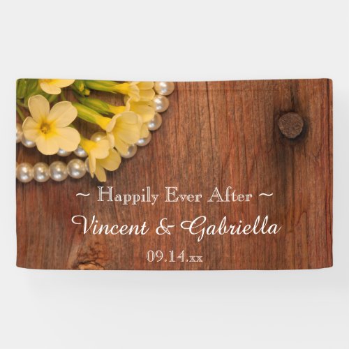 Yellow Flowers Pearls Barn Wood Country Wedding Banner