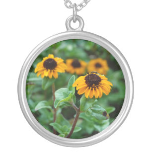 Yellow Flowers Photo Silver Plated Round Necklace
