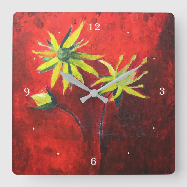 Yellow Flowers Red Background Art Painting  Square Wall Clock (Front)