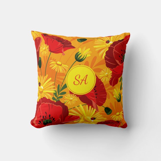 Yellow flowers & Red Poppies Monogrammed Throw Pillow (Front)