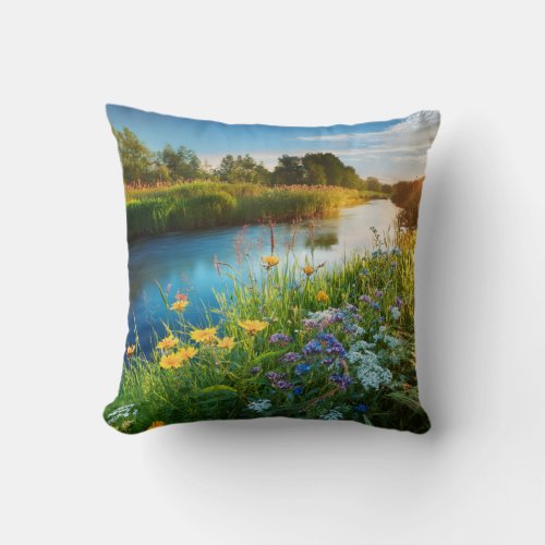 Yellow Flowers River Creek Summer Nature  Throw Pillow