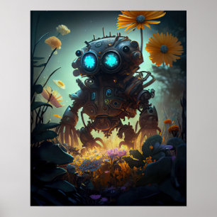 Yellow Flowers Sci-fi Robot Poster