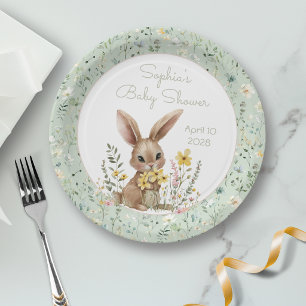 Yellow Flowers Somebunny On The Way Baby Shower Paper Plates