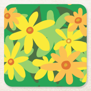 Yellow flowers square paper coaster