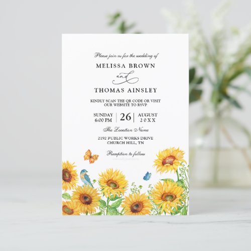 Yellow Flowers Sunflower Budget Qr Code Wedding Invitation