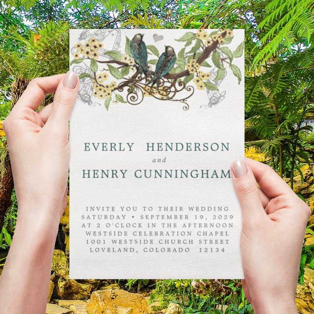 Yellow Flowers Teal Vintage Lovebird Wedding Invitation (Creator Uploaded)