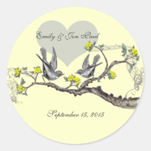 Yellow Flowers Vintage Love Birds Wedding Stickers