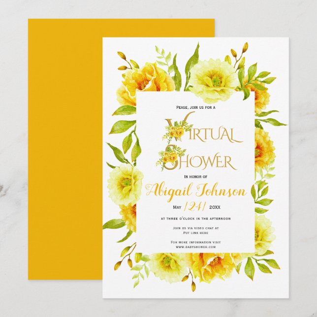Yellow flowers virtual baby or bridal shower invitation (Front/Back)