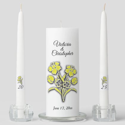 Yellow Flowers W Names Date and Year Wedding Unity Candle Set
