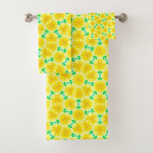 Yellow Flowers with Green Geometric Shapes Bath Towel Set