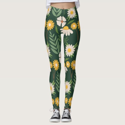 Yellow flowers with green leaves leggings