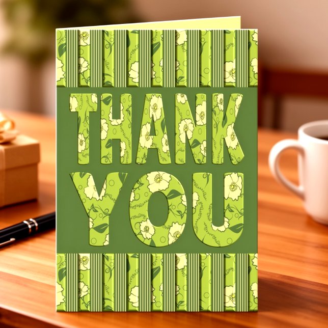 Yellow Flowers With Olive Green Stripes Thank You Card (Bold text filled with lime green flowers, vines and leaves, topped by stripped borders top & bottom.)