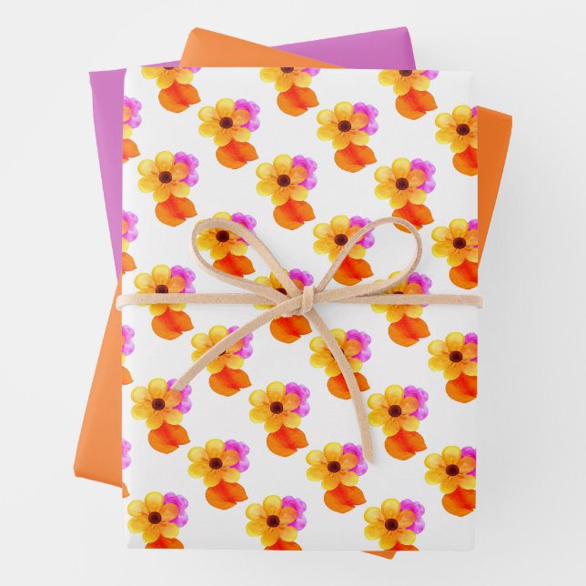 Yellow Flowers with Orange & Purple Leaves Wrapping Paper Sheets (In situ)