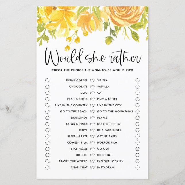 Yellow Flowers Would She Rather Baby Shower Game (Front)
