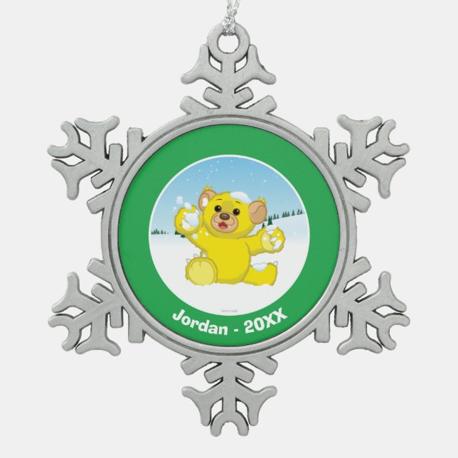 Yellow Fluffy Cub Snowflake Pewter Christmas Ornament (Front)