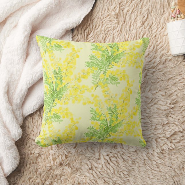 Yellow fluffy mimosa flower throw pillow (Blanket)