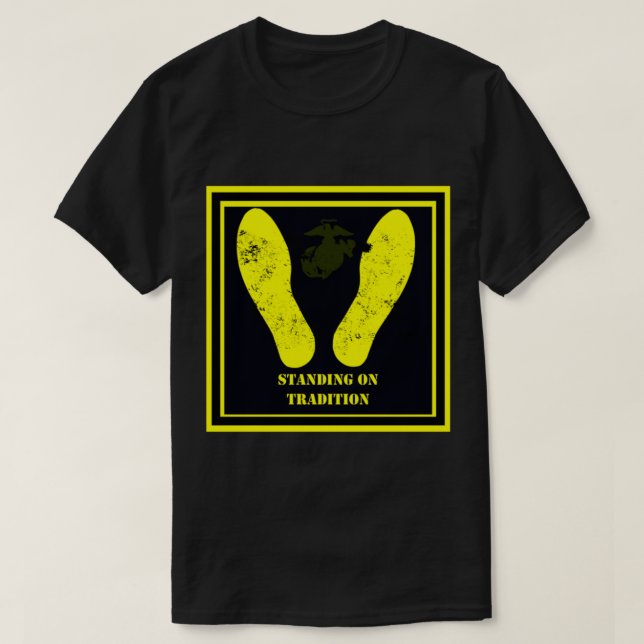 Yellow Foot Prints Standing On Tradition   T-Shirt (Design Front)