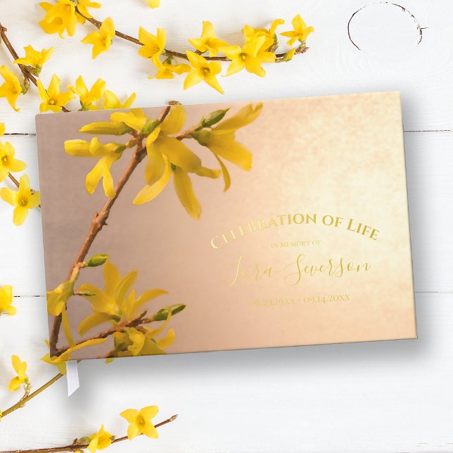 Yellow Forsythia Celebration of Life Memorial Foil Guest Book (Creator Uploaded)