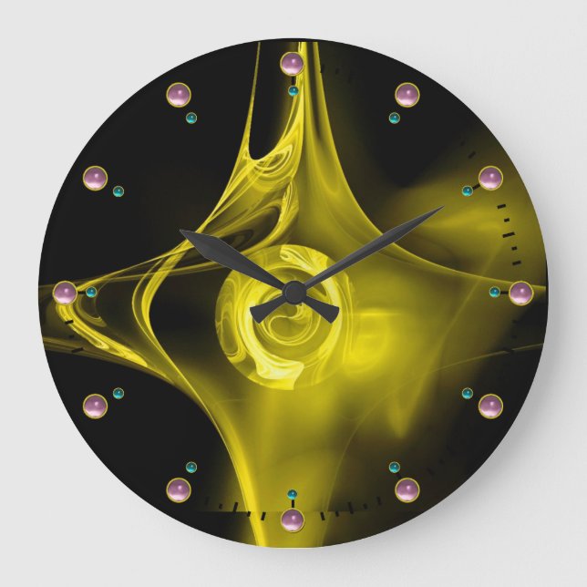 YELLOW FRACTAL ROSE IN BLACK ,PINK GEMSTONES LARGE CLOCK (Front)