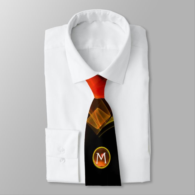 YELLOW FRACTAL WAVES,SWIRLS,ORANGE GEM MONOGRAM TIE (Tied)