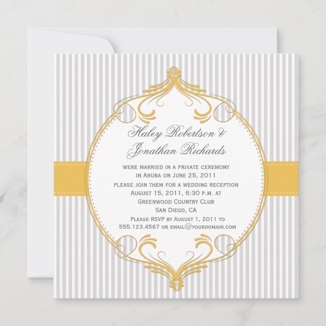Yellow Frame Gray White Stripes Wedding Invitation (Front)