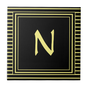 Yellow Frame Monogram Letter N Stripes Ceramic Tile