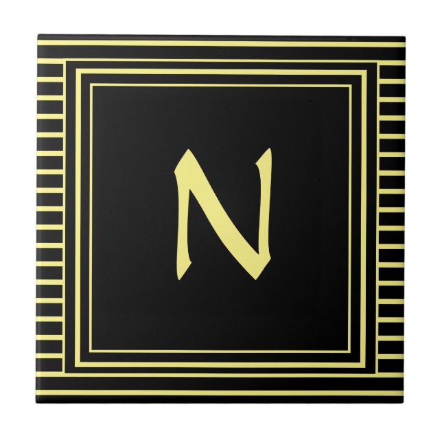 Yellow Frame Monogram Letter N Stripes Ceramic Tile (Front)