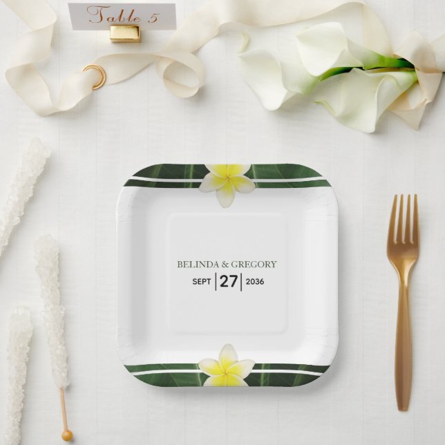 Yellow Frangipani Plumeria Wedding Paper Plates (Wedding)