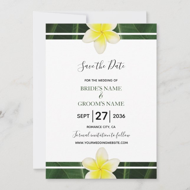 Yellow Frangipani Plumeria Wedding Save The Date (Front)